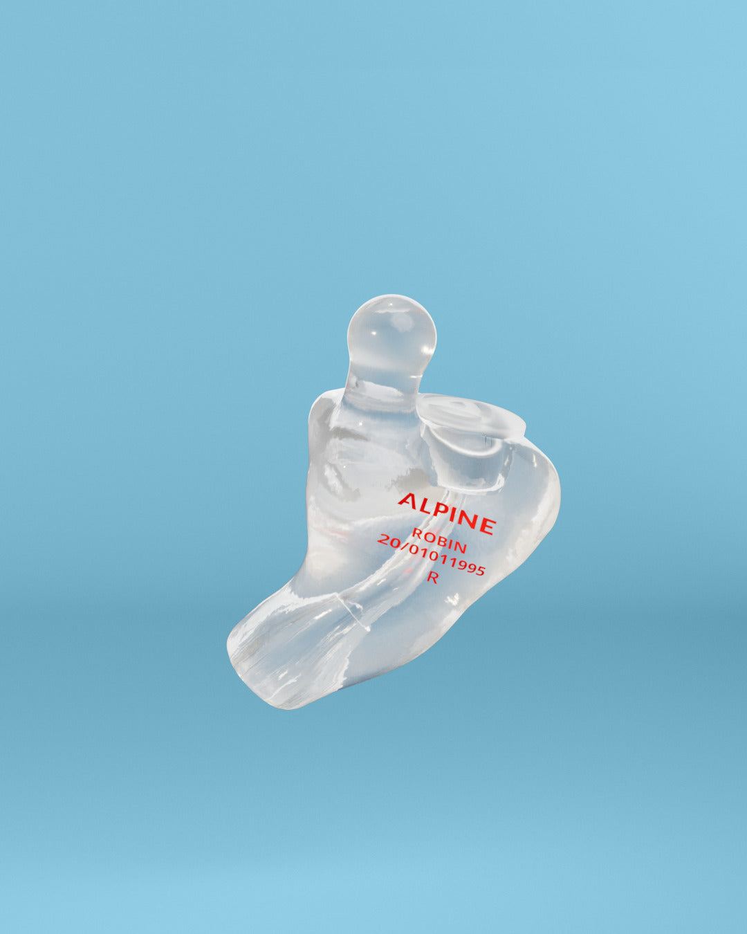 Alpine MusicSafe Custom Transparent earplug with filter, 3D render on a blue background 