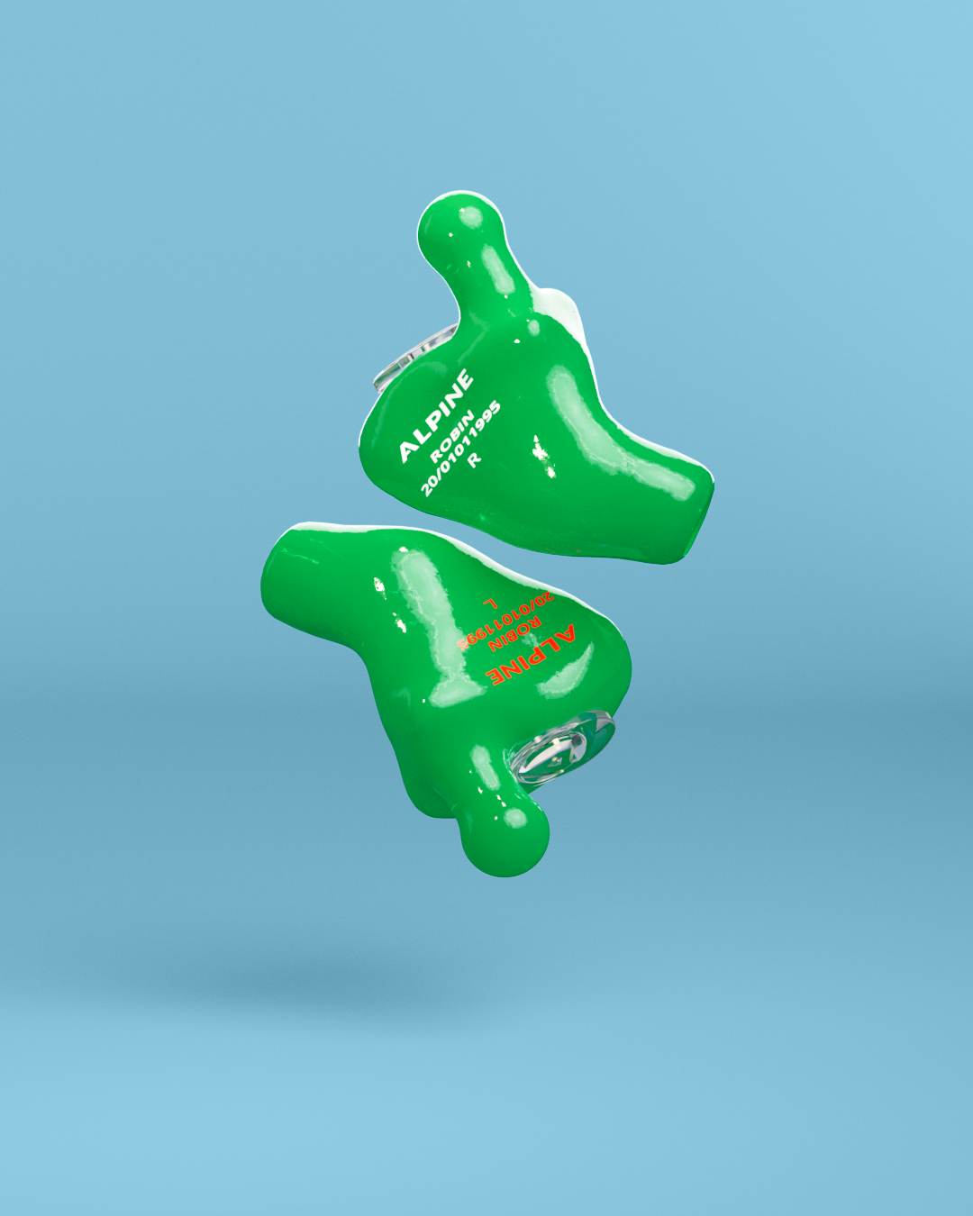 Pair of Alpine MusicSafe Custom Green earplugs with filters, 3D render 