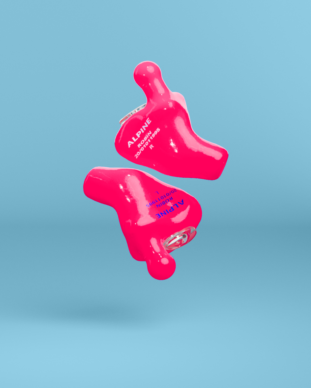 Pair of Alpine MusicSafe Custom Neon Pink earplugs with filters, 3D render 