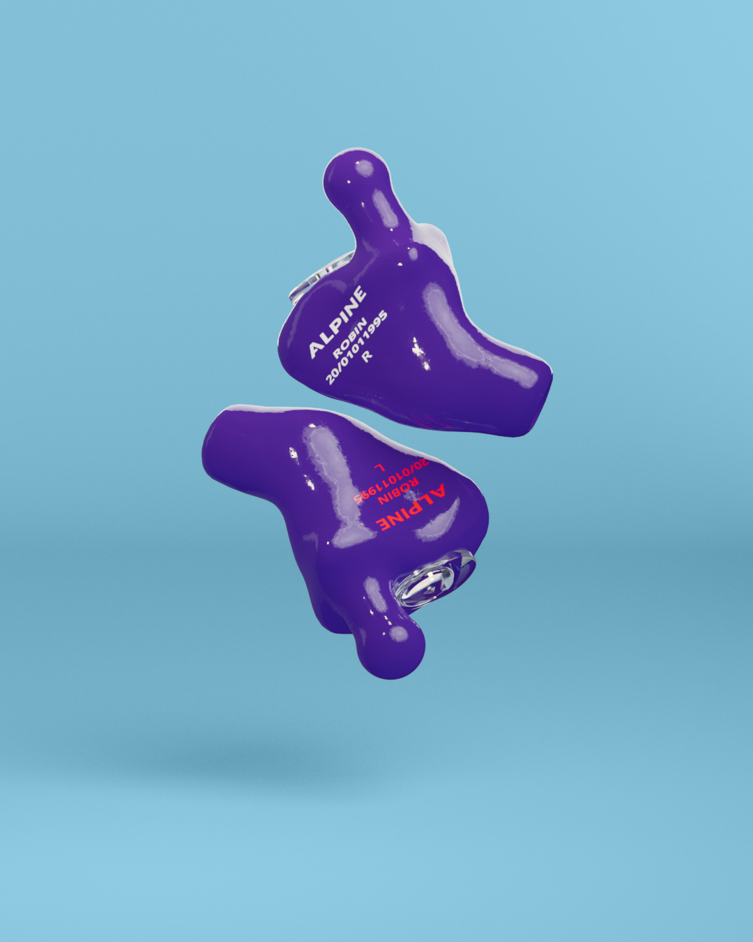 Pair of Alpine MusicSafe Custom Purple earplugs with filters, 3D render #color_purple