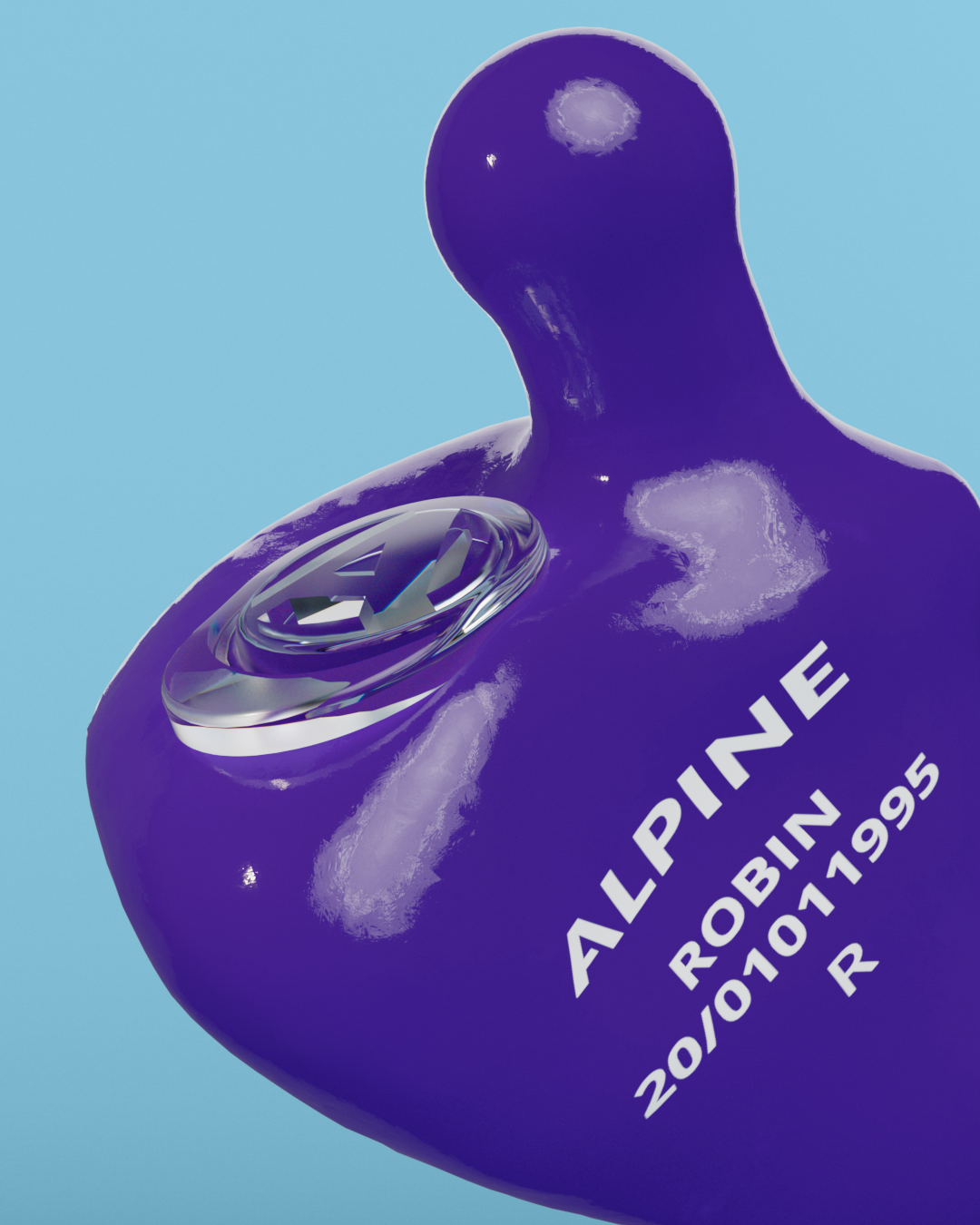 Close-up of an Alpine MusicSafe Custom Purple earplug with filter and the engraving &