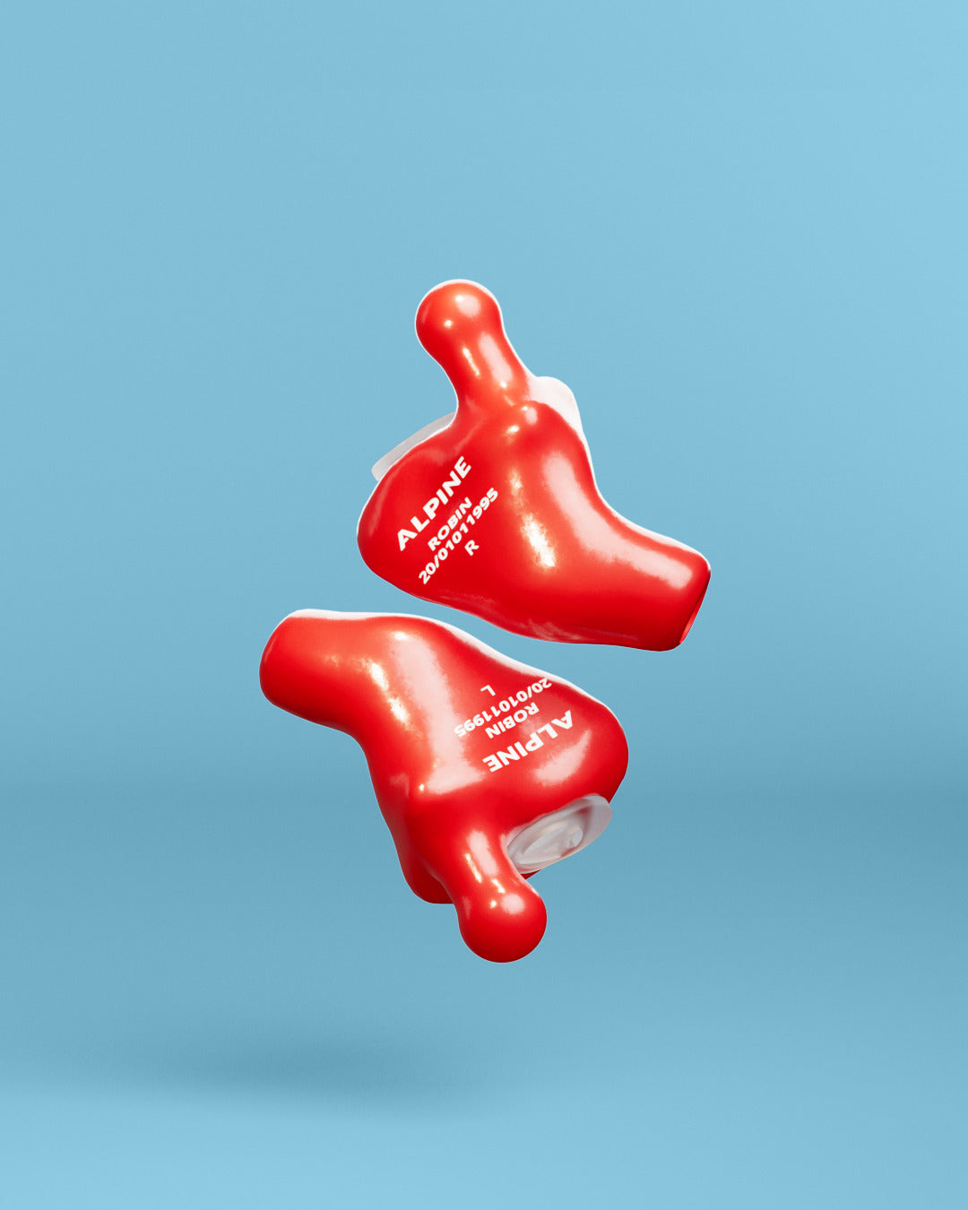 Pair of Alpine MusicSafe Custom Red earplugs with filters, 3D render 