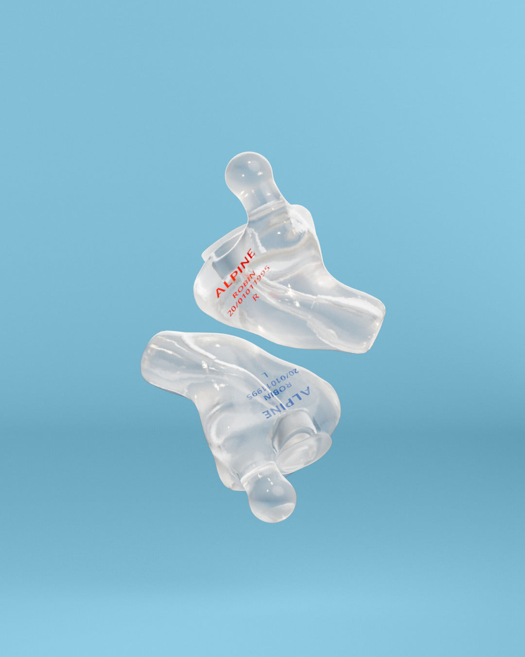 Pair of Alpine MusicSafe Custom Transparent earplugs with filters, 3D render 