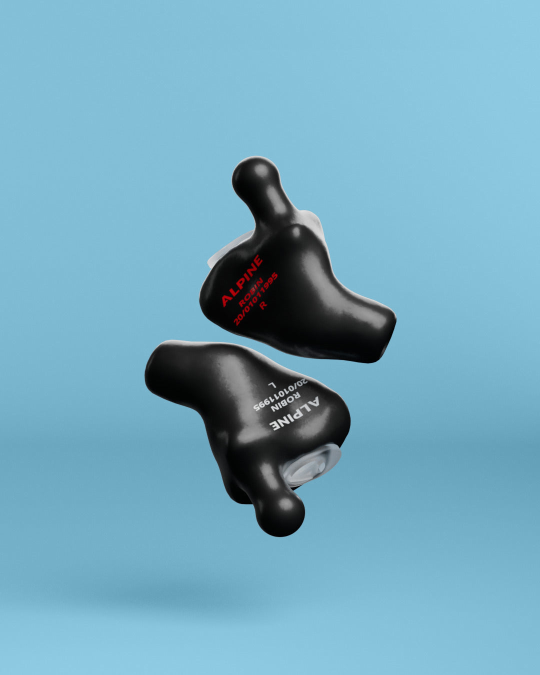 Pair of Alpine MusicSafe Custom Black earplugs with filters, 3D render 