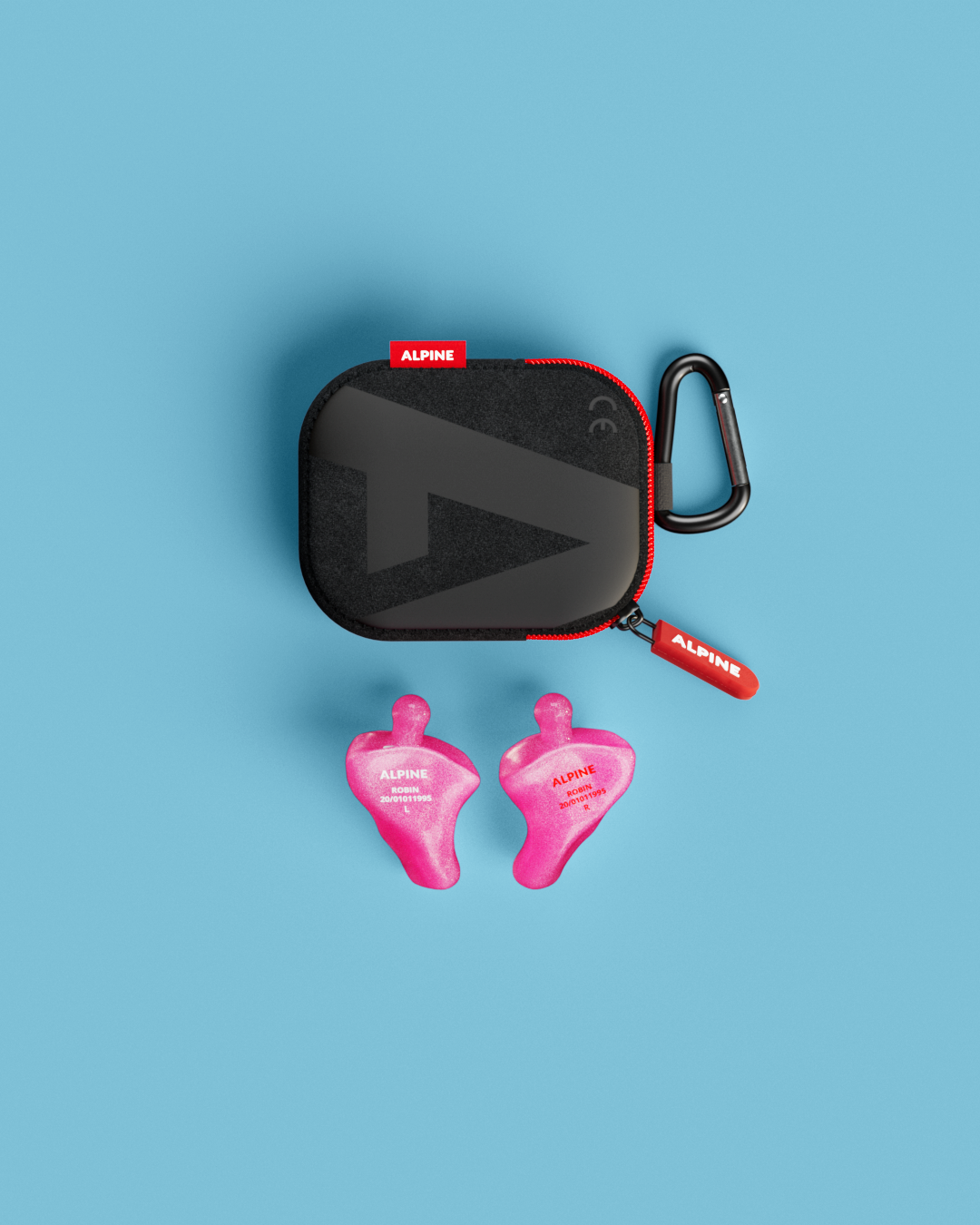 Alpine PartyPlug Custom Metallic Pink earplugs with black carrying case, top view 