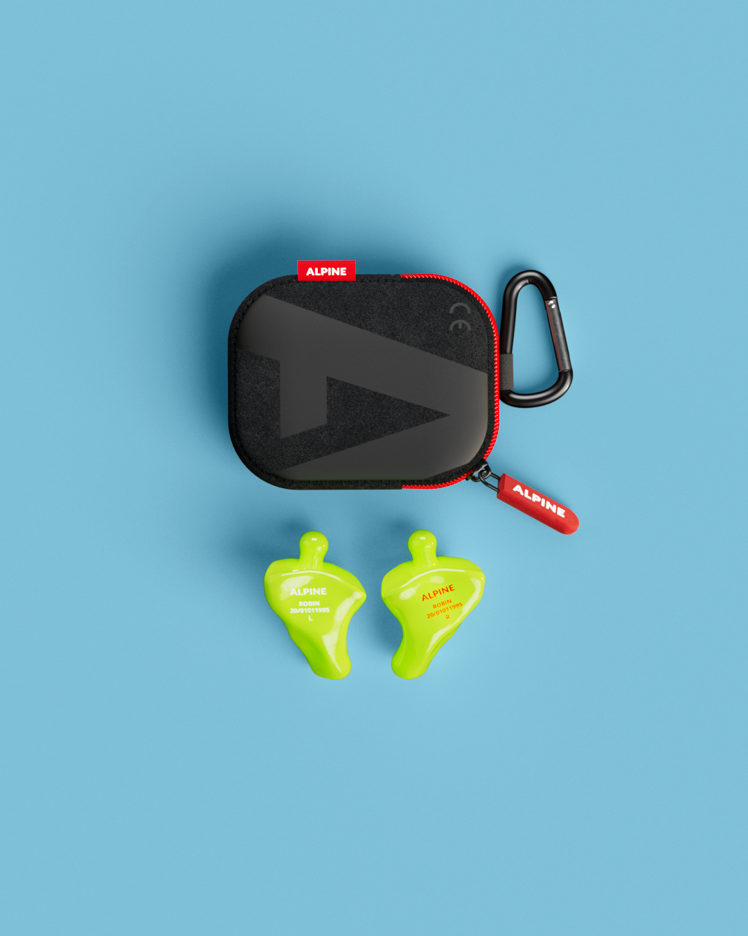 Alpine PartyPlug Custom Neon Yellow earplugs with black carrying case, top view 