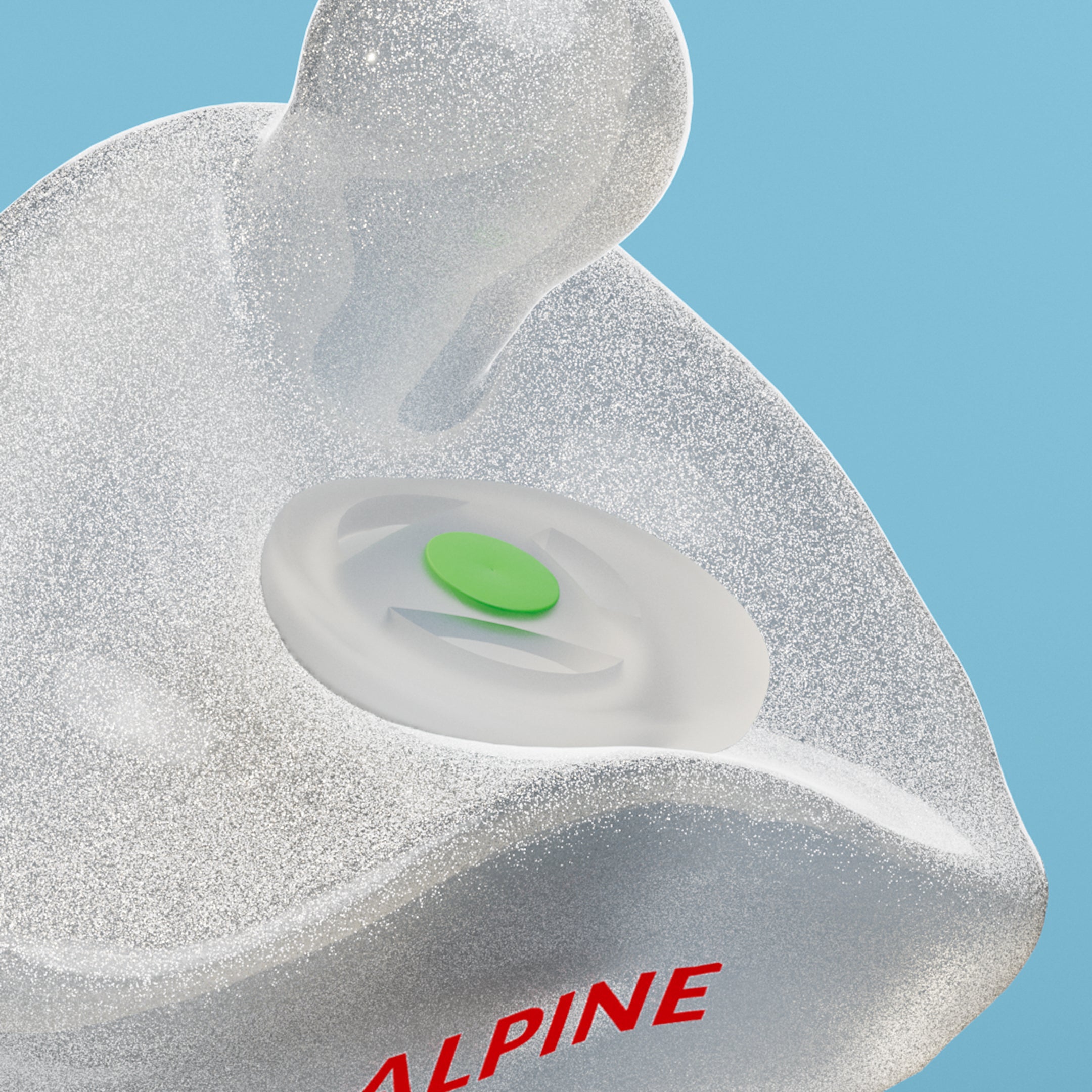 Close-up of the filter and Alpine engraving on an Alpine PartyPlug Custom Metallic Silver earplug 