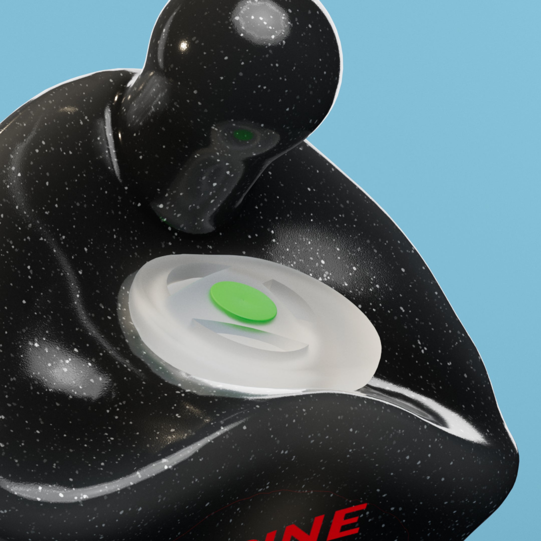 Close-up of the filter and Alpine engraving on an Alpine PartyPlug Custom Onyx Black earplug 