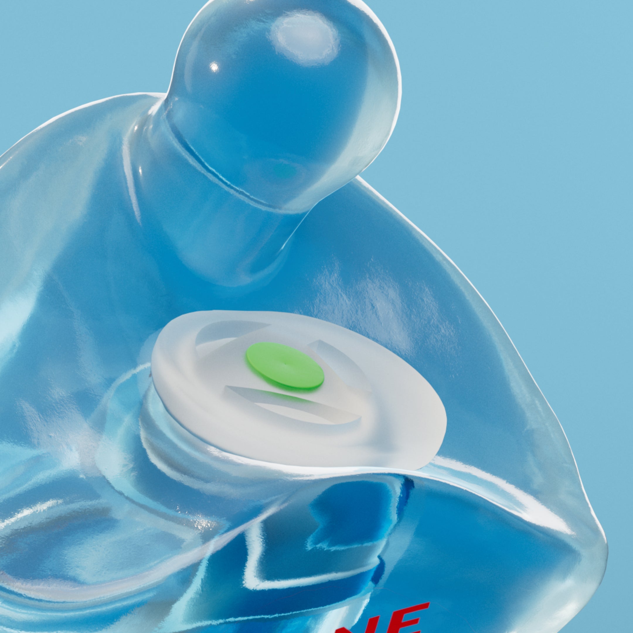 Close-up of the filter and Alpine engraving on an Alpine PartyPlug Custom Transparent Blue earplug 