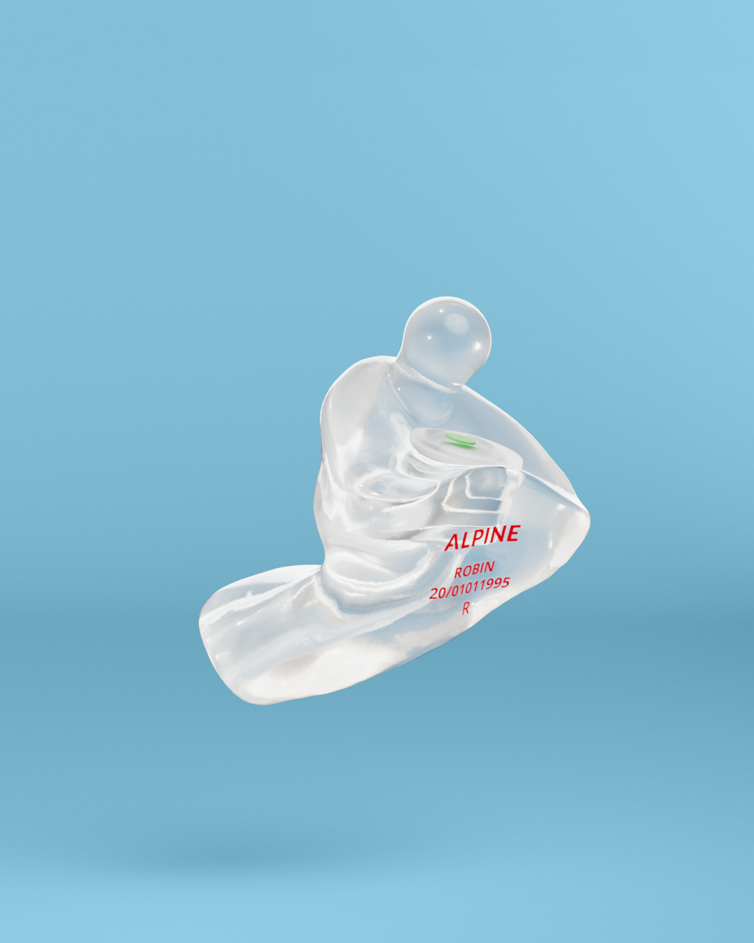 Alpine PartyPlug Custom Transparent earplug with filter, 3D render on a blue background 