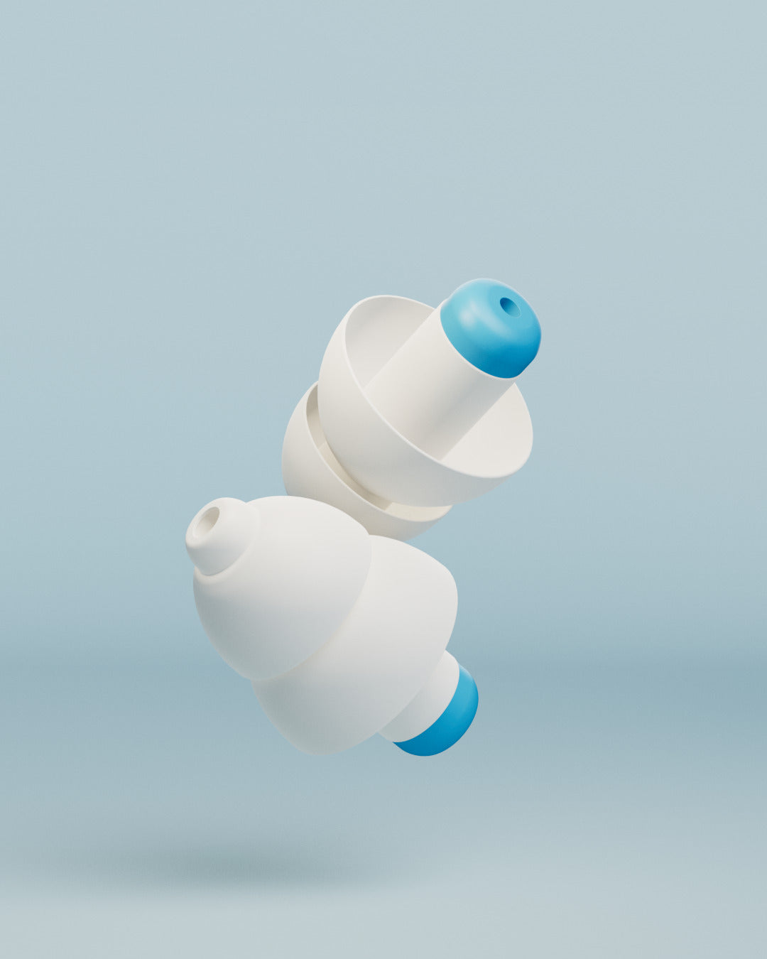 Pair of white Alpine SwimSafe earplugs with blue tips, 3D render on a light blue background 