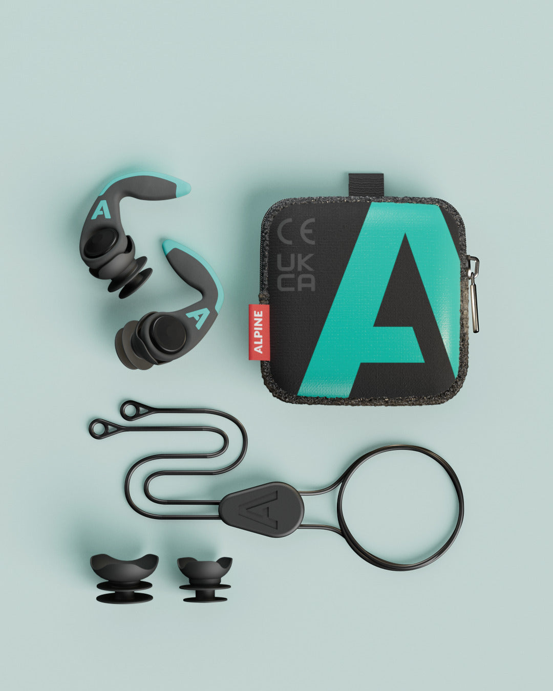 Alpine WaterSafe Pro earplugs with pouch, safety cord and spare ear tips, top view 