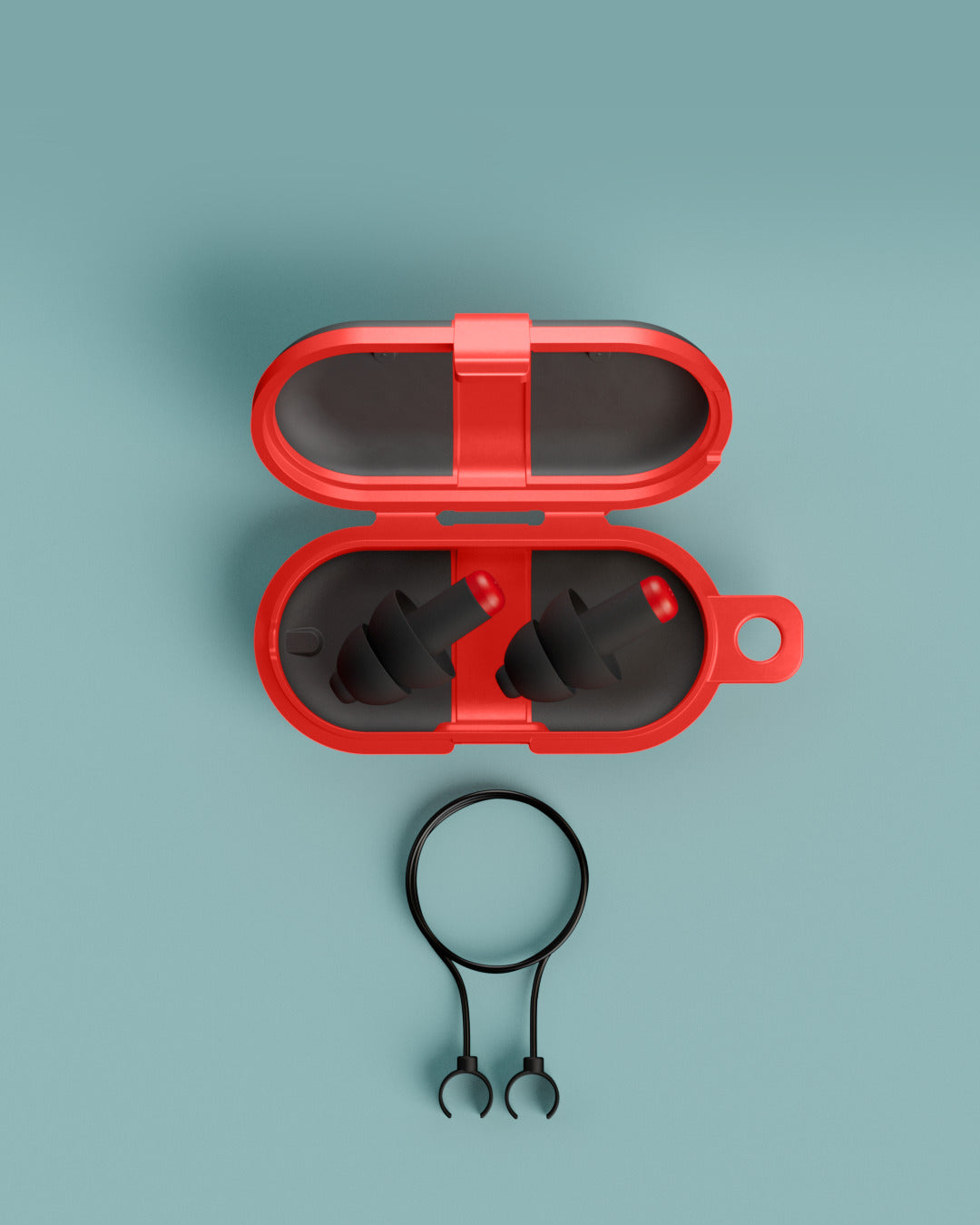 Alpine WorkSafe earplugs in an open red carrying case with keyring loop and a black earplug cord, seen from above 