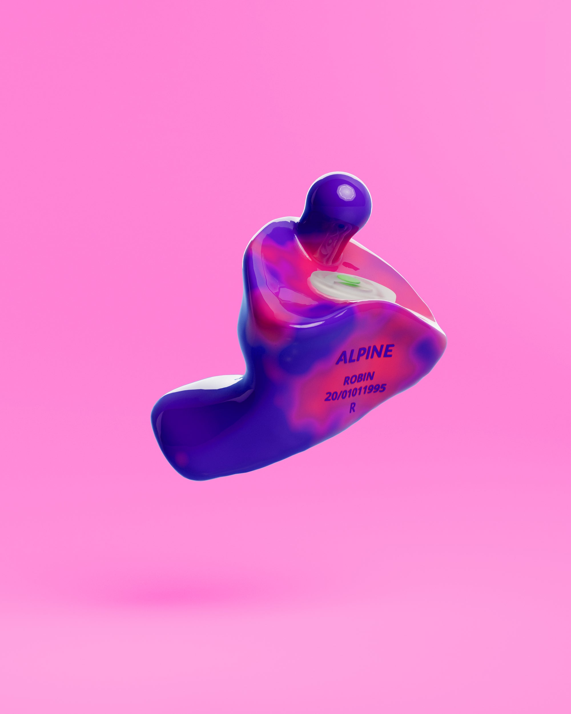 Alpine PartyPlug Custom Festival Edition earplug with filter, 3D render on a pink background 