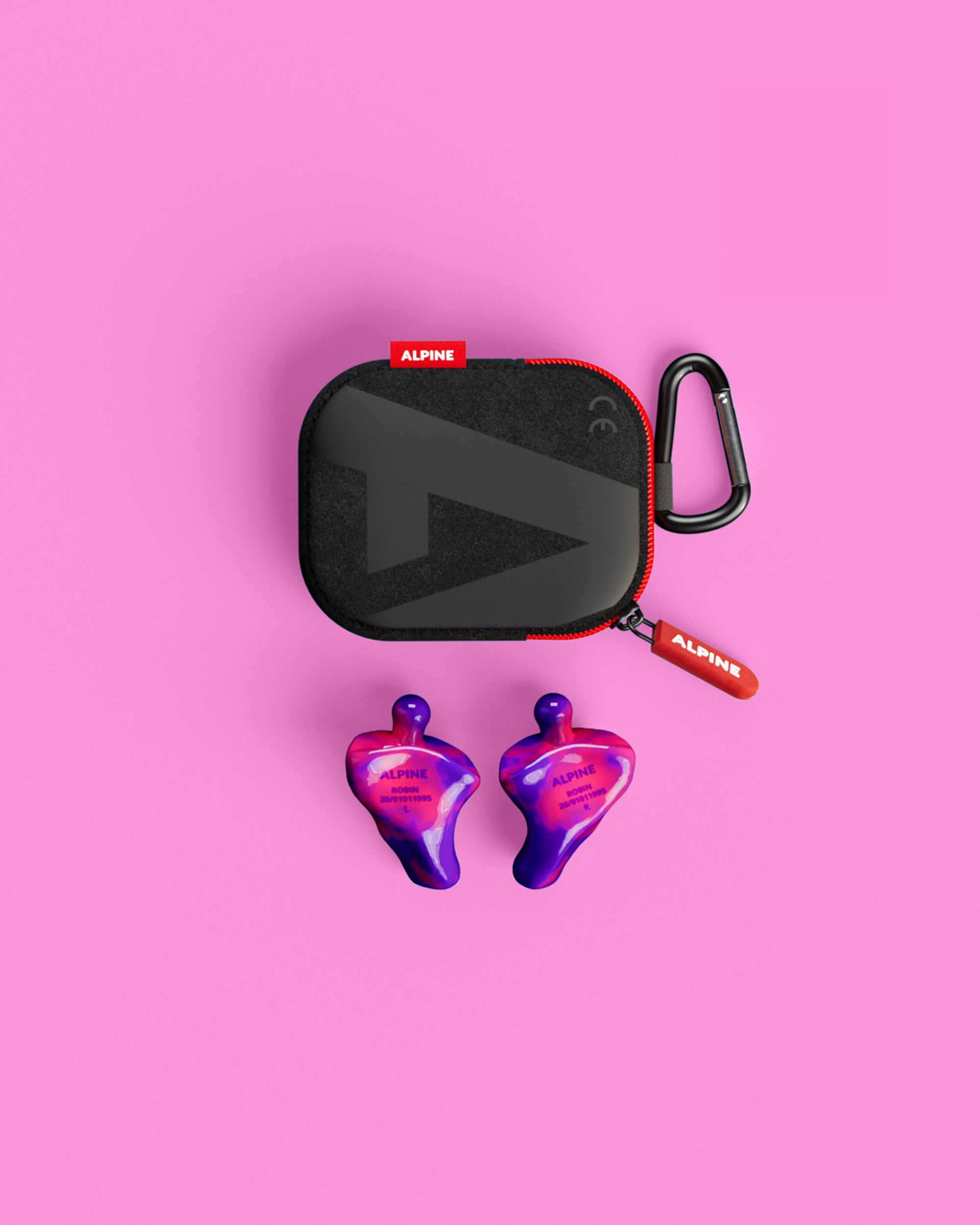 Alpine PartyPlug Custom Festival Edition earplugs with black carrying case, top view 