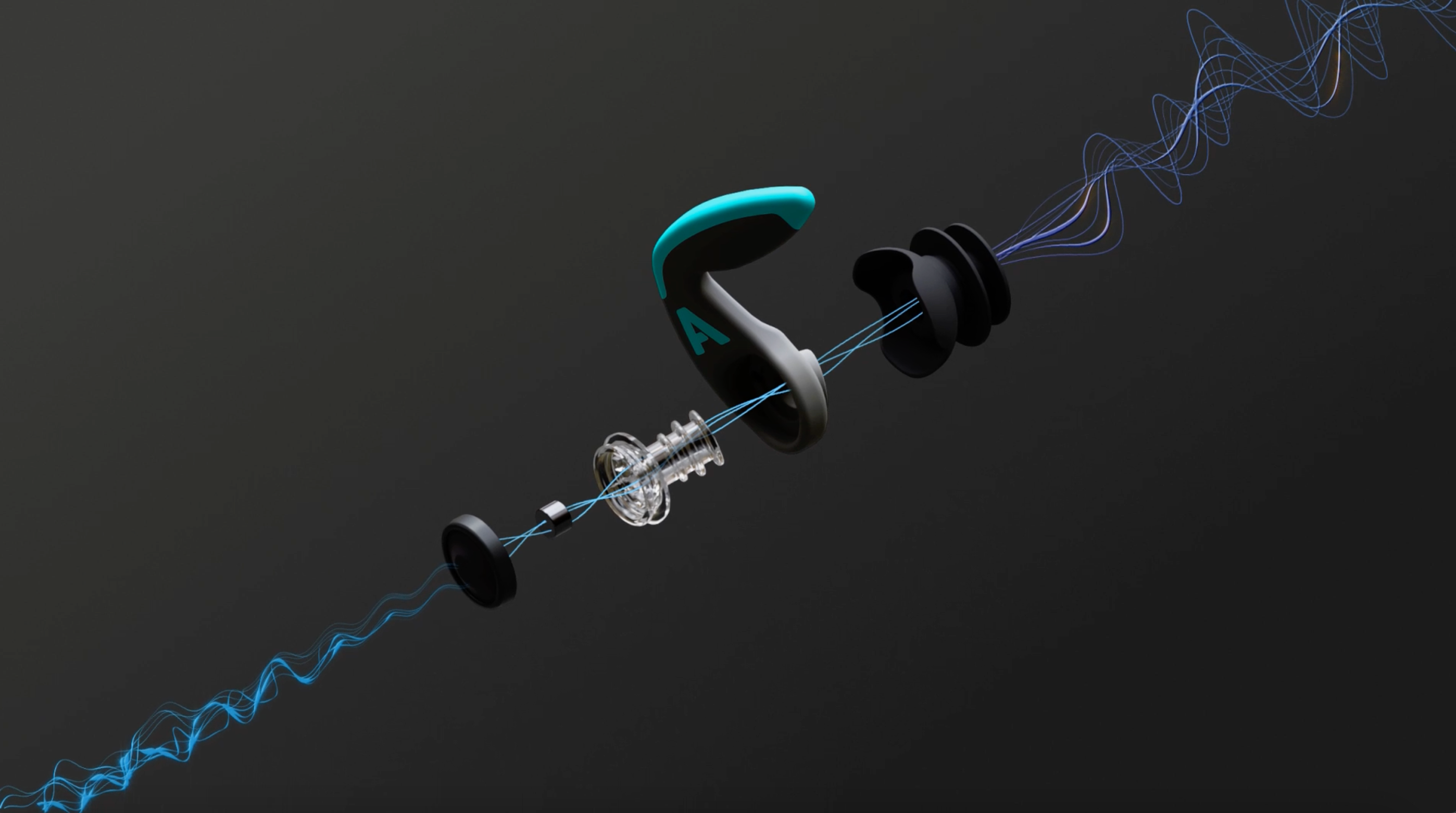 Animatievideo van de Alpine WaterSafe Pro oordop in opengewerkte weergave met geluidsgolven 