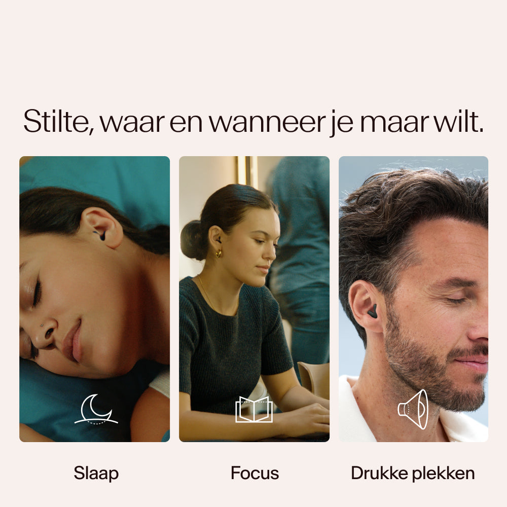 Drie mensen in verschillende staten van rust of concentratie, met Alpine Silence in zwart, met tekst en iconen die &