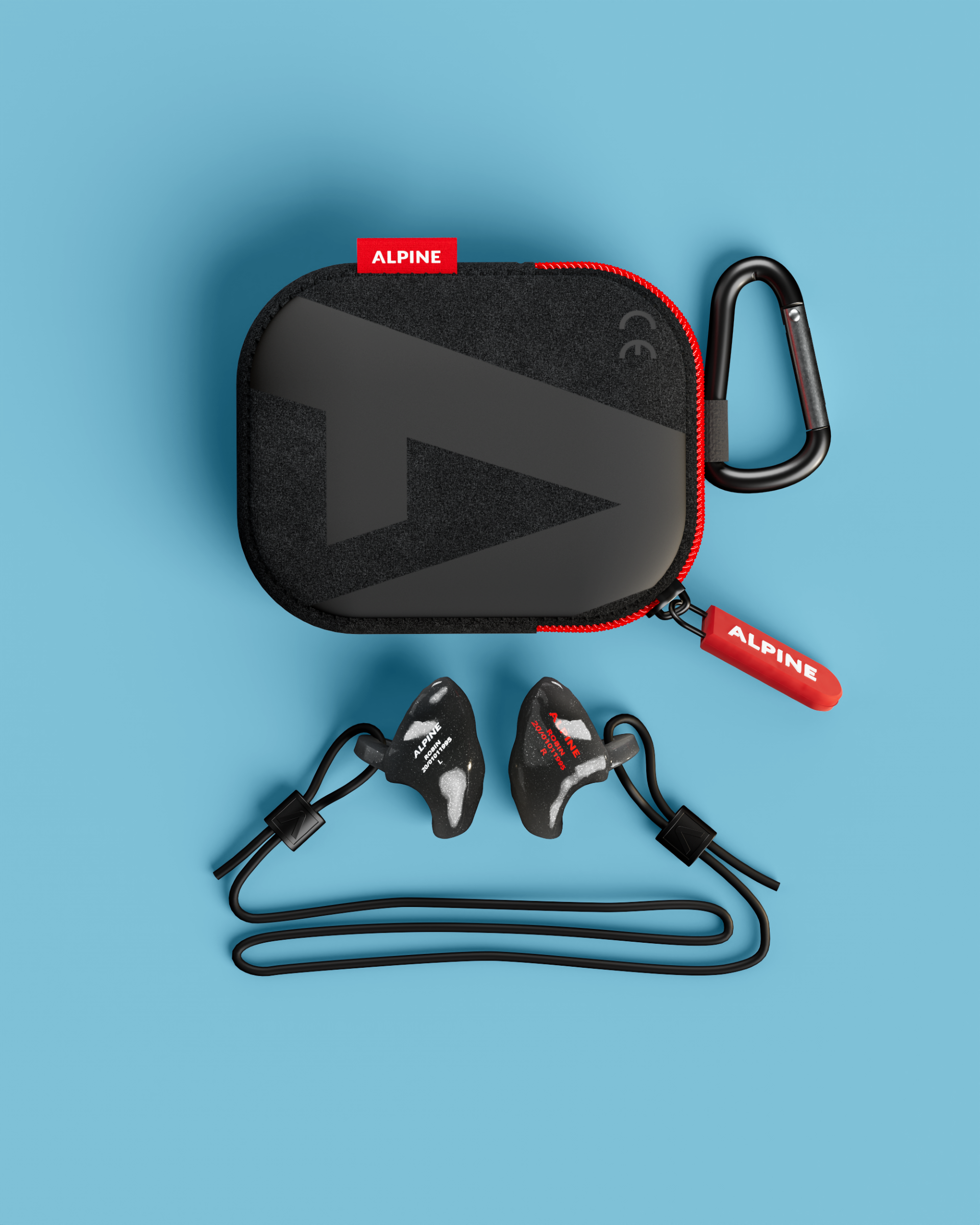 Pair of Alpine WorkSafe Custom Onyx Black earplugs on a black cord below a black Alpine carry case with carabiner 
