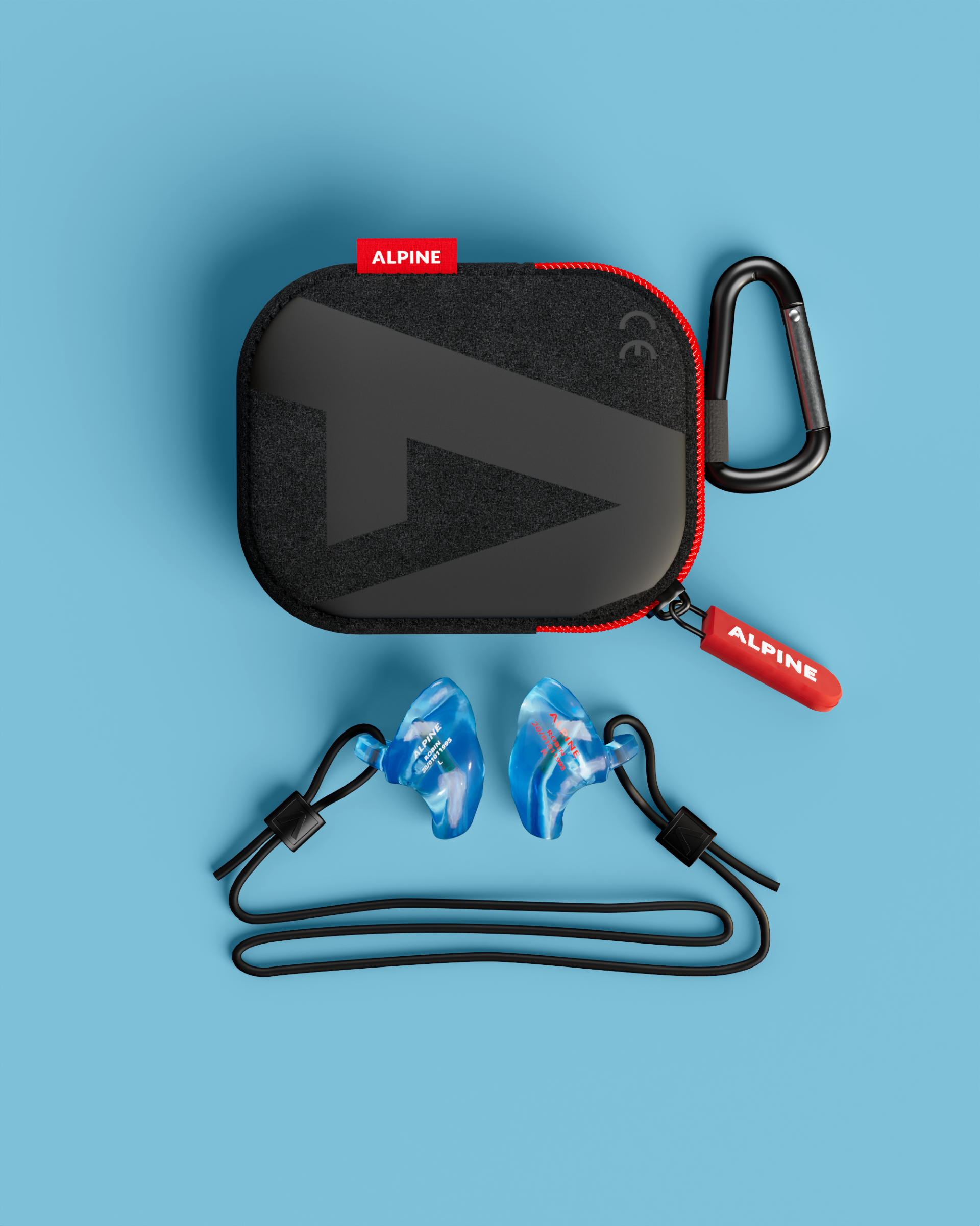Pair of Alpine WorkSafe Custom Transparent Blue earplugs on a black cord below a black Alpine carry case with carabiner 