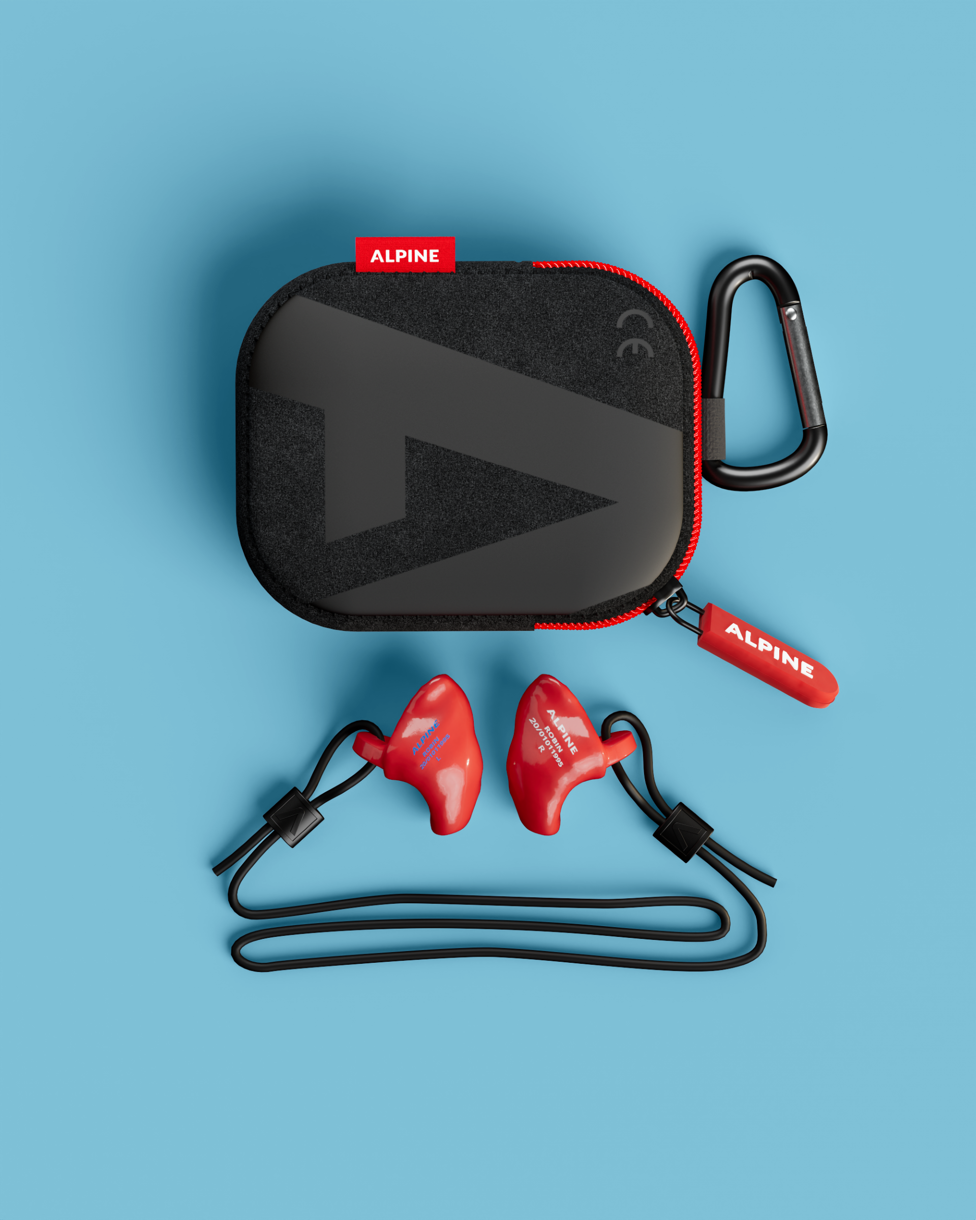 Pair of Alpine WorkSafe Custom Red earplugs on a black cord below a black Alpine carry case with carabiner 