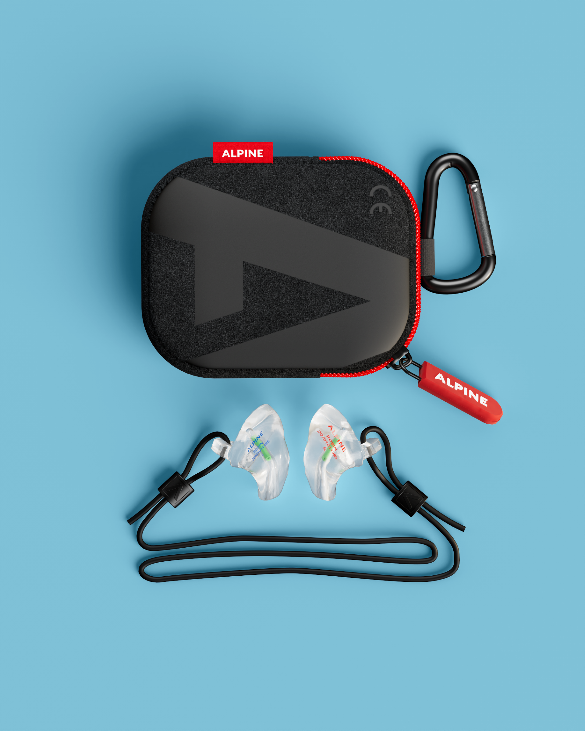 Pair of Alpine WorkSafe Custom Transparent earplugs on a black cord below a black Alpine carry case with carabiner 